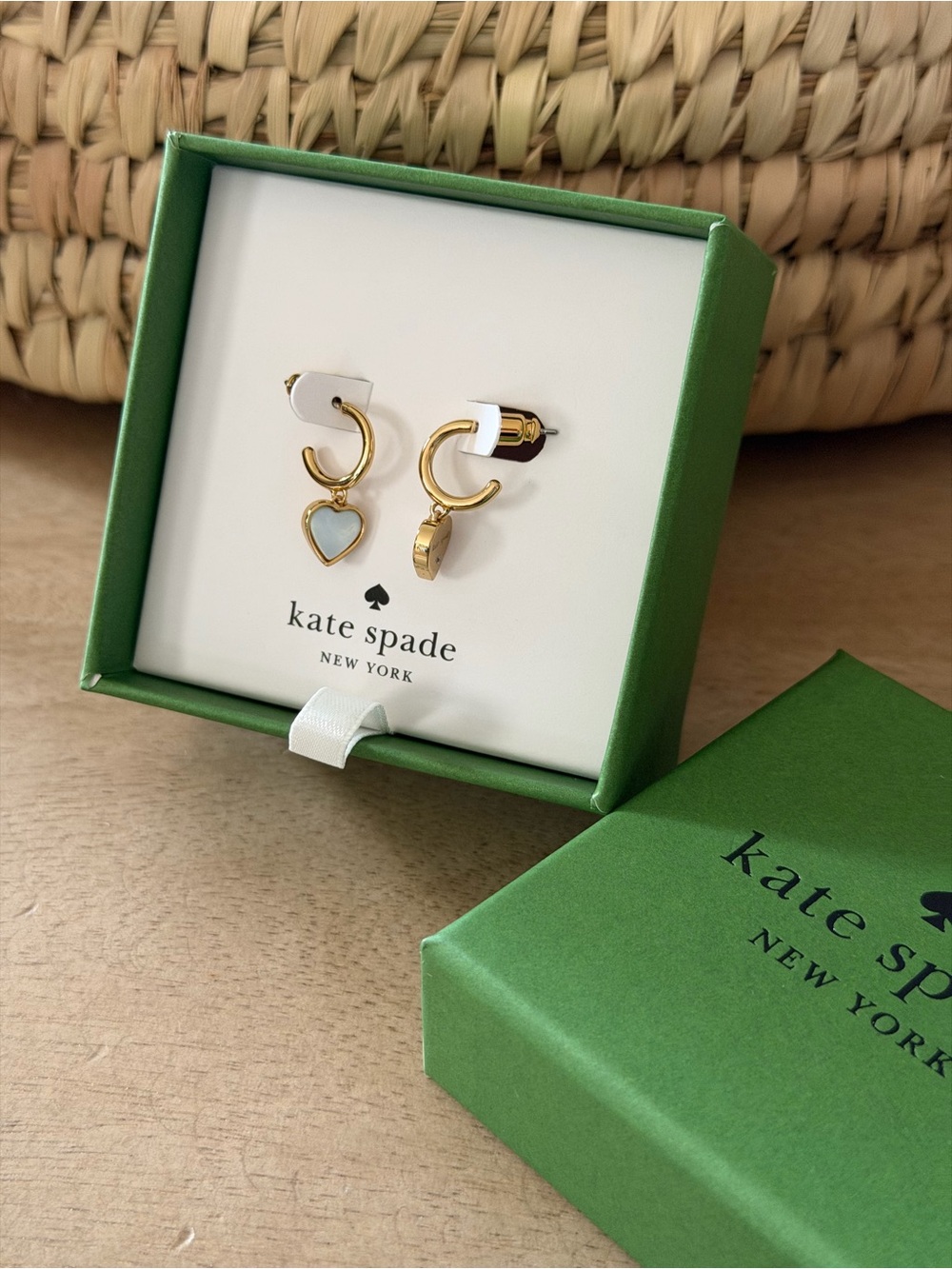 kate spade gold-tone hoop earrings with light blue heart charm